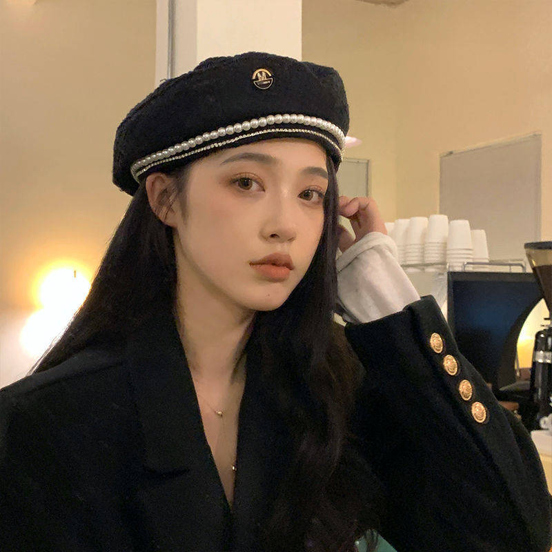 Beret French Wool - W102ฤดูหนาว Beret,โซ่,ไข่มุก,Hepburn สไตล์หมวกภาษาฝรั่งเศสคำ Elegant สุทธิสีแดง,retro Elegant
