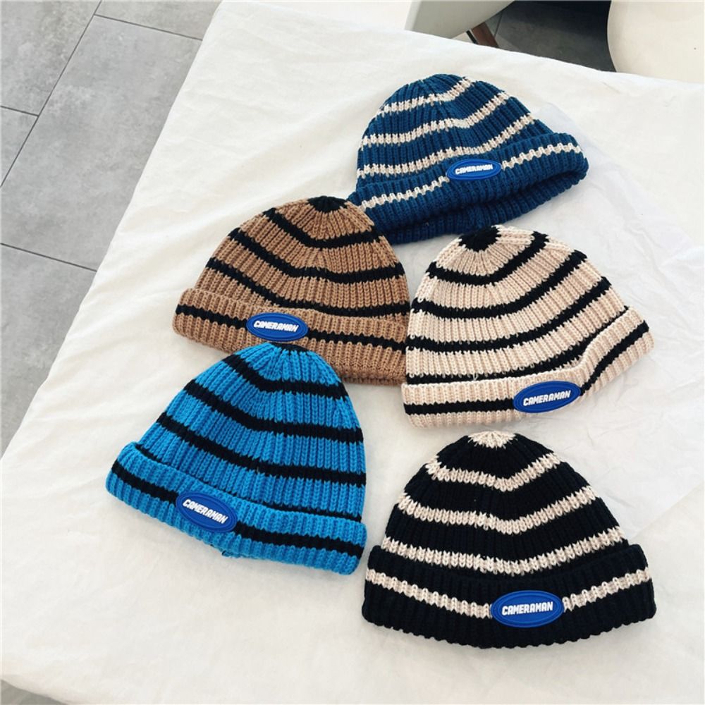 Beanie Cuffed Knit - หมวกเด็กแฟชั่นอุ่นสบาย ระบายอากาศได้ดี ลายทางถักนิตติ้ง ขอบพับได้ กันลม เหมาะสำหรับเด็กชายและเด็กหญิง