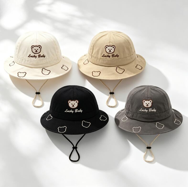 Bucket Hat Cotton - หมวกบักเก็ตเด็กน่ารักลายการ์ตูนหมี ปี 2026 สำหรับฤดูร้อน เหมาะสำหรับเด็กผู้ชายและเด็กผู้หญิง หมวกชาวประมงสีพื้น