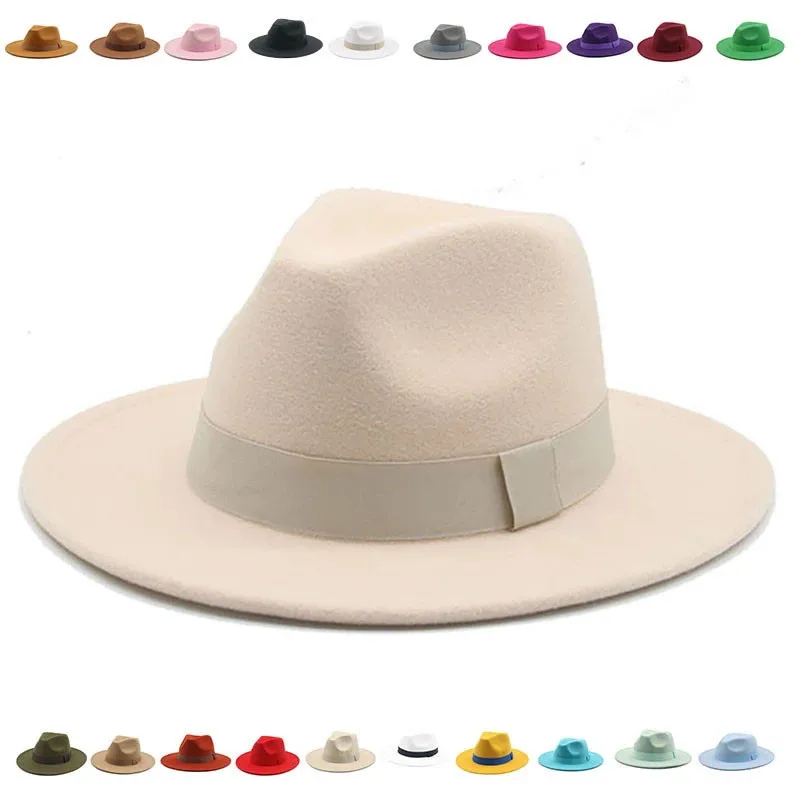 Fedora Hat Wool - หมวกเฟโดราสำหรับผู้หญิง หมวกฤดูหนาวสำหรับผู้หญิง หมวกผู้ชายมีริบบิ้น หมวกปีกกว้าง คลาสสิก สีเบจ