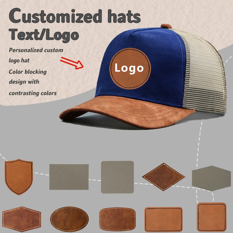 Baseball Cap Structured - ป้ายหนังโลโก้ที่กําหนดเองห้าแผง Suede เบสบอลหมวกผู้ชายและผู้หญิงฤดูใบไม้ผลิและฤดูร้อนการจับคู่สีตาข่ายรถบรรทุกหมวก
