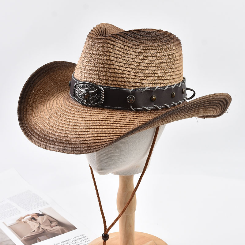 Cowboy Hat Straw - หมวกฟางคาวบอยสไตล์ตะวันตกสำหรับฤดูร้อน เหมาะสำหรับผู้ชายและผู้หญิง ปีกกว้าง ป้องกันแสงแดด ใส่เที่ยวทะเล ระบายอากาศได้ดี
