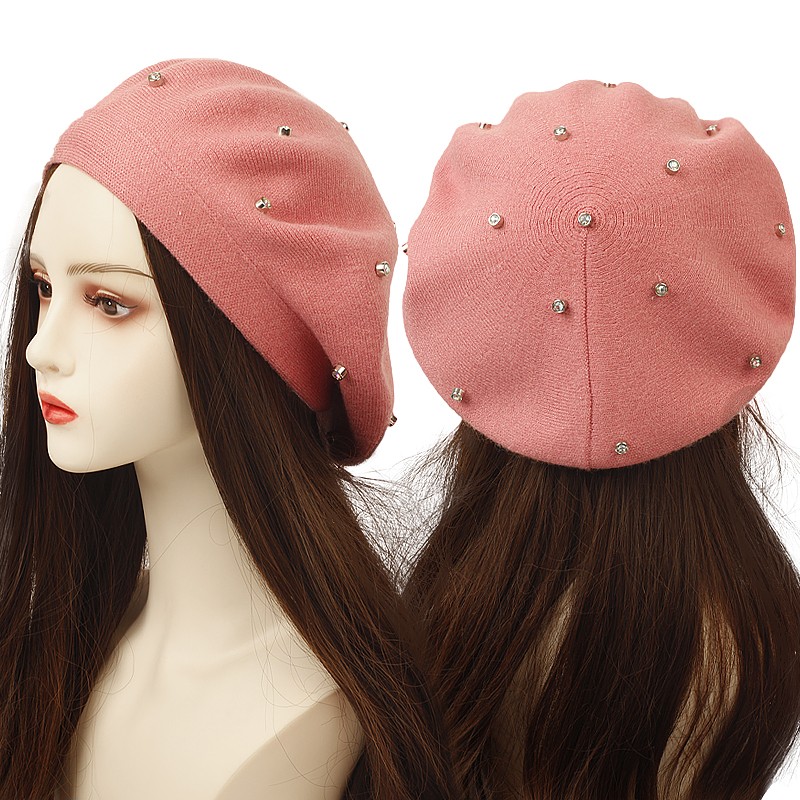 Beret French Wool - หมวกเบเร่ต์ผู้หญิงประดับคริสตัลหลากสี แฟชั่นฤดูใบไม้ร่วงฤดูหนาว หมวกเบเร่ต์ไหมพรมถักใหม่ สไตล์ฝรั่งเศสสำหรับสุภาพสตรี