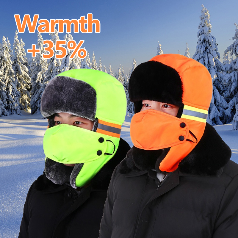 Trapper Hat Ear Flap - หมวกกันหนาวแบบมีที่ปิดหู สีส้มและสีเขียวสะท้อนแสง สำหรับงานกลางแจ้ง ล่าสัตว์ เล่นสกี