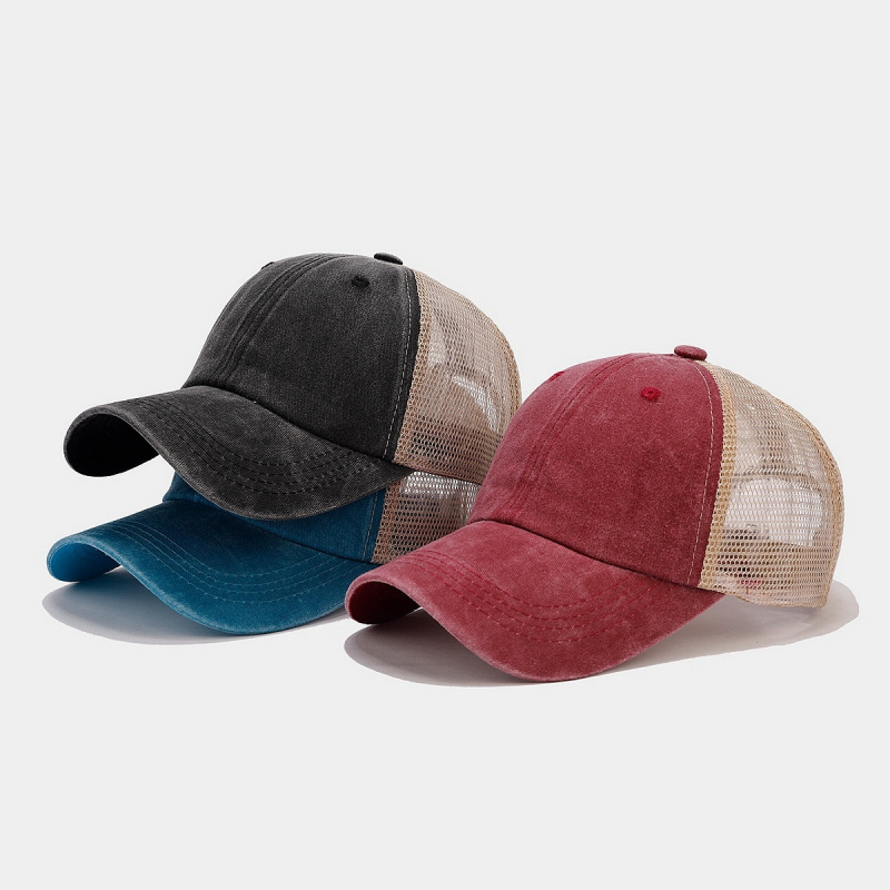Trucker Cap Mesh - หมวกแก๊ปยีนส์วินเทจแบบตาข่ายด้านหลัง ปรับขนาดได้ 男女兼用 สไตล์ลำลอง สตรีทแวร์