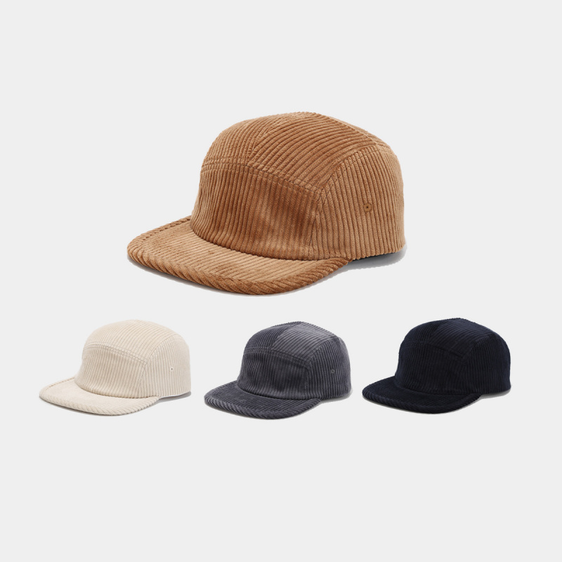 Corduroy Cap 5 Panel - หมวกแก๊ปคอร์ดูรอย 5 แผง ปรับขนาดได้ ยูนิเซ็กส์ ปีกแบน