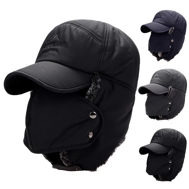 Trapper Hat Ear Flap - หมวกกันหนาวขนเฟอร์กันลมสำหรับผู้ชายและผู้หญิง หมวกเล่ยเฟิง หมวกบอมเบอร์ ขนเฟอร์เทียม ปิดหู หมวกสีดำ