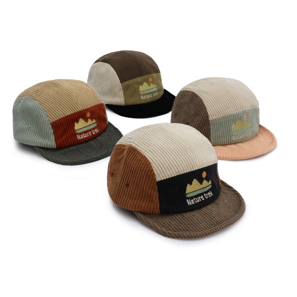 Corduroy Cap 5 Panel - หมวกแก๊ป 5 แผง ปีกสั้น สำหรับผู้ชายและผู้หญิง ผ้าคอร์ดูรอยสีดำสไตล์วินเทจ