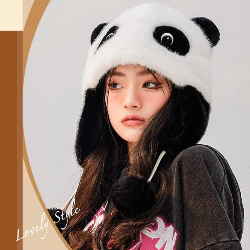 Trapper Hat Ear Flap - หมวกหูแพนด้า หมวกปิดหูแพนด้า หมวกคลุมด้วยผ้าขนแกะ Earflap หมวกเครื่องบินทิ้งระเบิด หมวกตุ๊กตาดักสัตว์