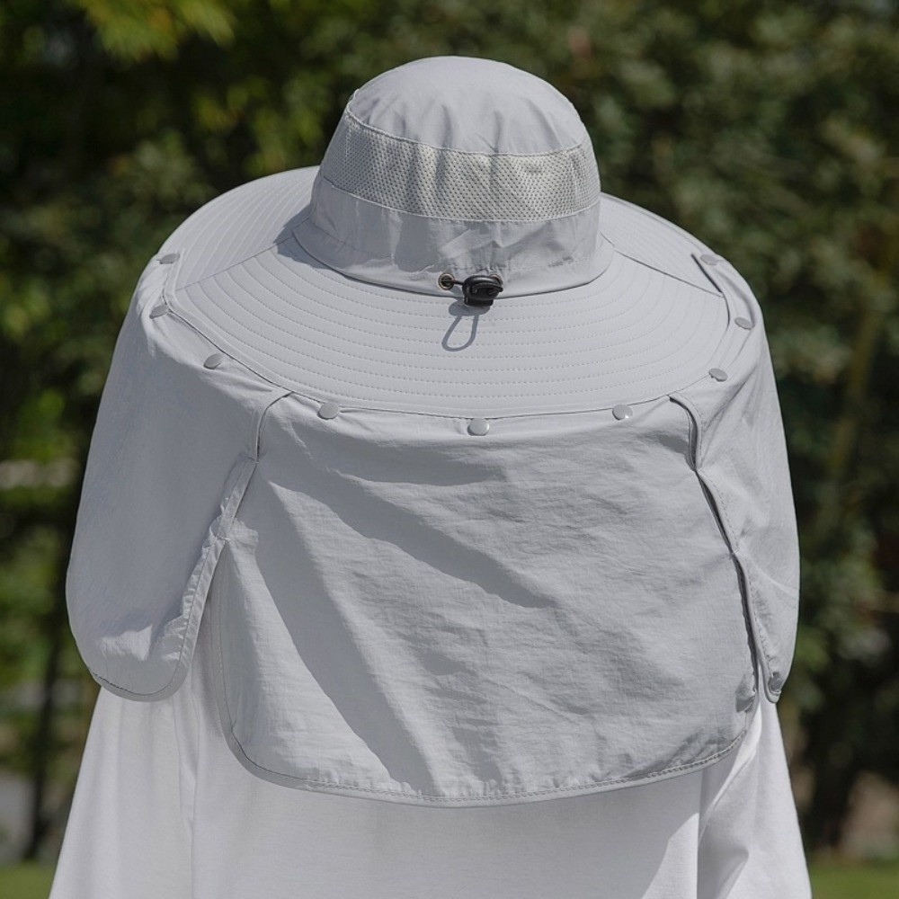 Visor Sun Hat - หมวกกันแดดผ้าเรียบง่ายสำหรับผู้ชาย พร้อมผ้าคลุมคอถอดได้ หมวกปีกกว้างสำหรับผู้หญิงพร้อมสายคล้องคอ ป้องกันรังสียูวี หมวกทรงบักเก็ตสำหรับฤดูร้อนและชายหาด