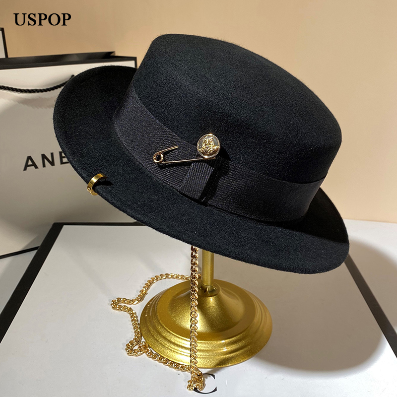 Fedora Hat Wool - USPOP หมวกฤดูหนาวใหม่ผู้หญิงโซ่โลหะสีดำ Fedoras แฟชั่น Pin-ตกแต่งหมวกขนสัตว์