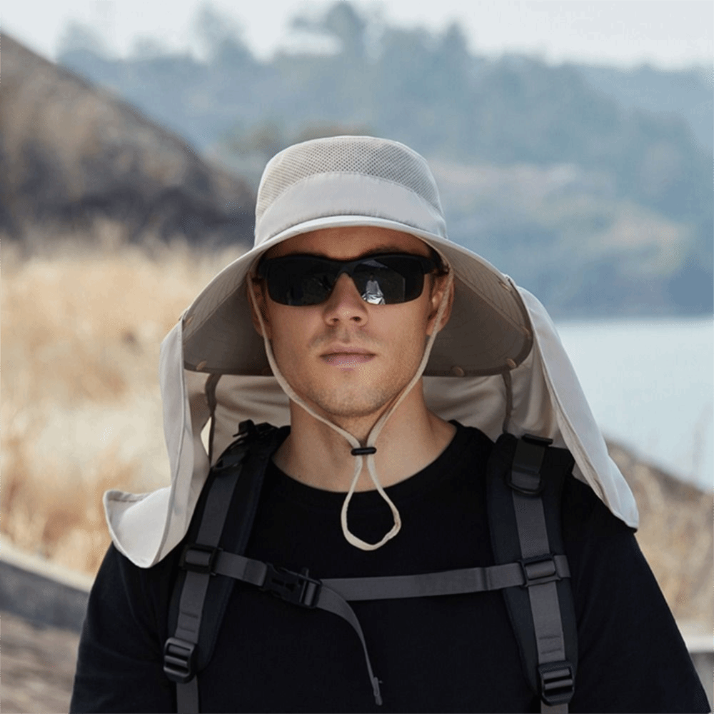 Visor Sun Hat - หมวกแฟชั่นผ้าสำหรับผู้ชาย ปีกกว้าง ถอดผ้าคลุมได้ หมวกบักเก็ตฤดูร้อน พร้อมสายคล้องคอ ป้องกันรังสียูวี