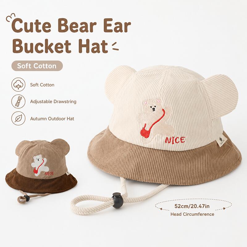 Bucket Hat Cotton - หมวกบักเก็ตเด็ก ลายหูหมี ผ้าฝ้ายนุ่ม สีสันตัดกัน สายรัดคางปรับได้ หมวกกันแดดฤดูใบไม้ร่วง