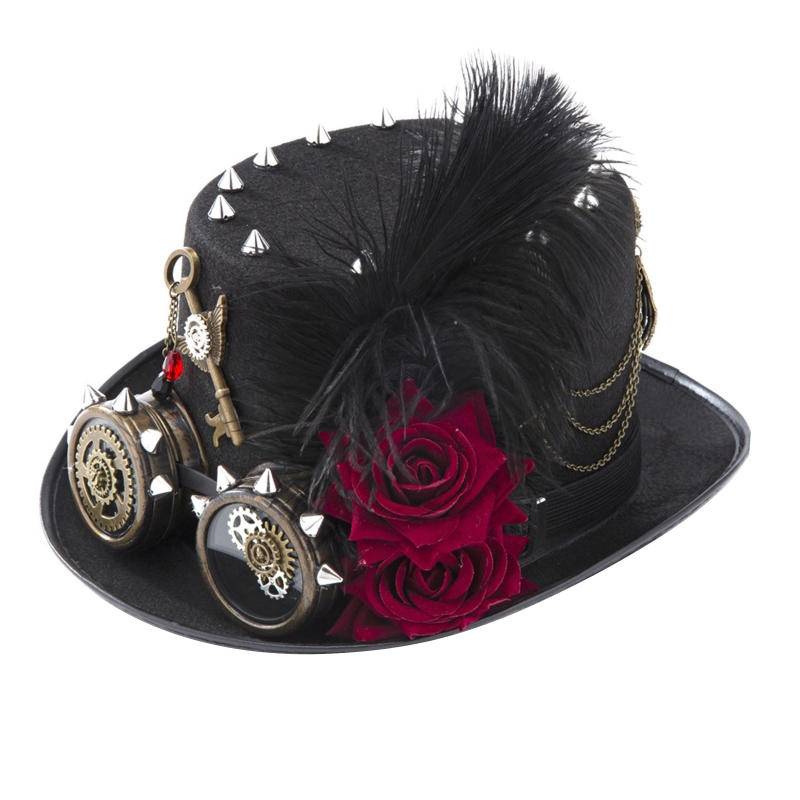 Fedora Hat Wool - Y166 หมวก Steampunk วินเทจหมวกทรงสูงพร้อมแว่นตา Dark Rose