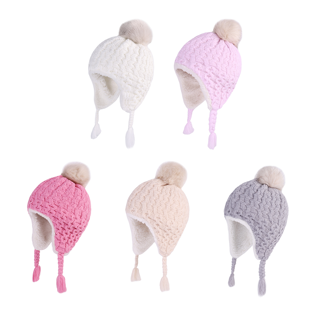 Trapper Hat Ear Flap - หมวกไหมพรมปิดหูถักสำหรับเด็ก, หมวกไหมพรมปอมปอมสำหรับเด็กผู้หญิงและผู้ชาย