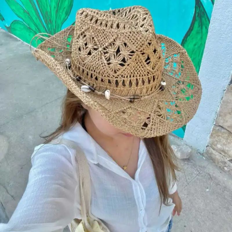 Cowboy Hat Straw - หมวกฟางฤดูร้อนชายหาด ผู้หญิง ผู้ชาย หมวกคาวบอย ประดับลูกปัดไม้ หมวกปีกกว้างสไตล์ตะวันตก