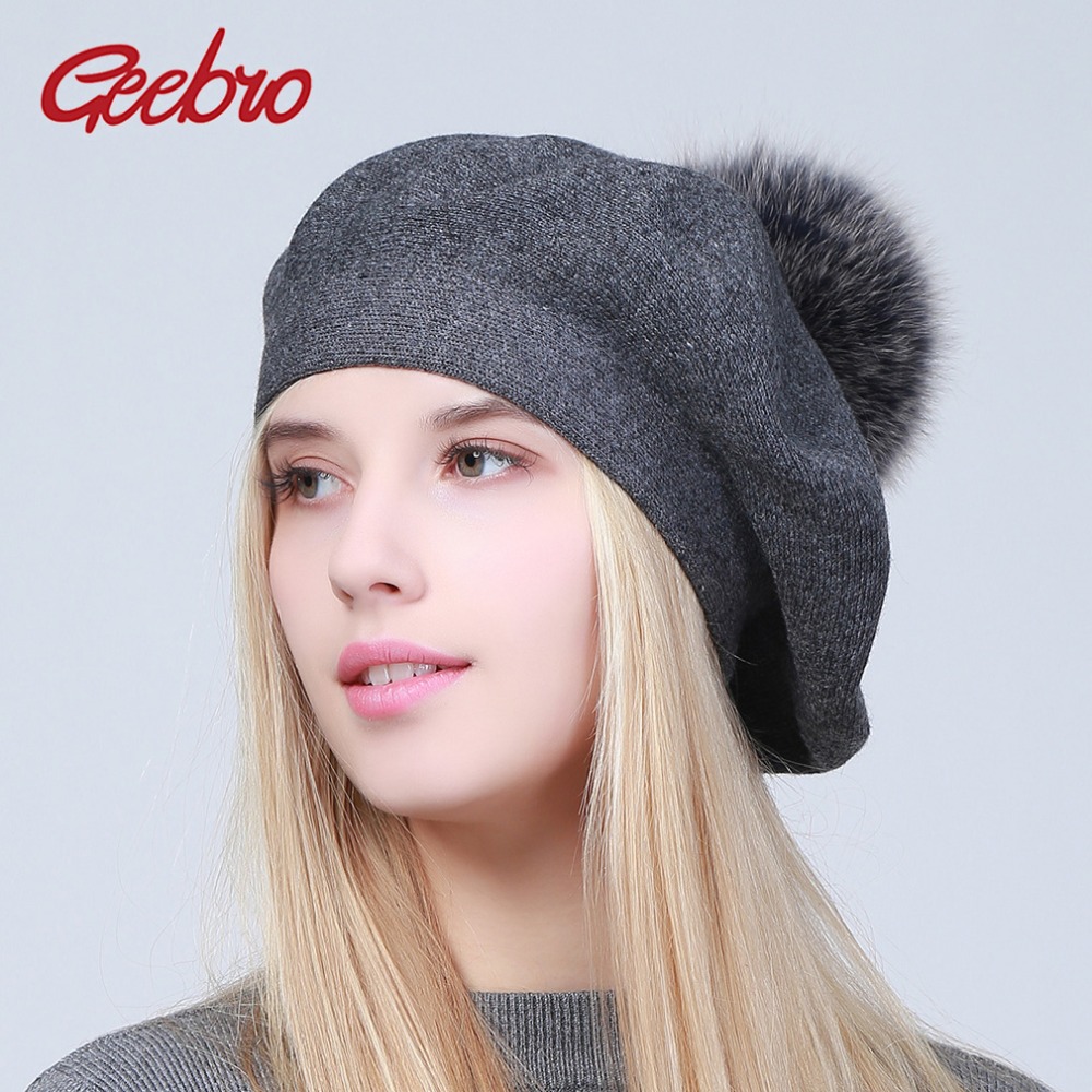 Beret French Wool - Geebro ผู้หญิง Beret หมวกฤดูหนาวสบายๆถักแคชเมียร์ Berets กับ