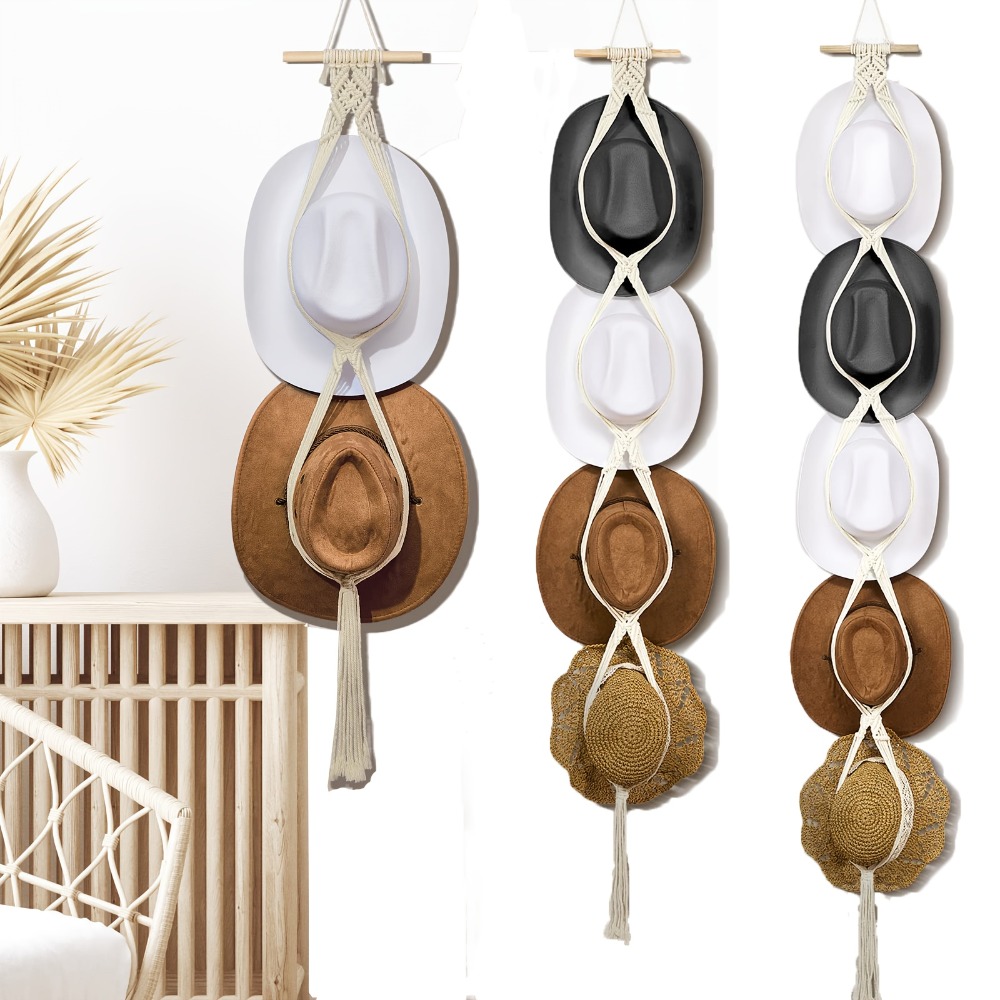 Sun Hat Wide Brim - ที่แขวนหมวกสไตล์โบฮีเมียนแบบมาคราเม่ ที่แขวนผนังทอมือสำหรับหมวกคาวบอย หมวกเฟโดรา และหมวกปีกกว้างสำหรับตกแต่งบ้าน