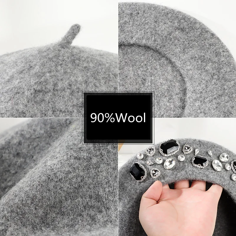 Beret French Wool - หมวกเบเร่ต์ฝรั่งเศส ตกแต่งด้วยคริสตัลหนา ไม่มีปีก ผ้าขนสัตว์กันหนาว สไตล์ศิลปินฝรั่งเศส หมวกจิตรกรสำหรับผู้หญิง