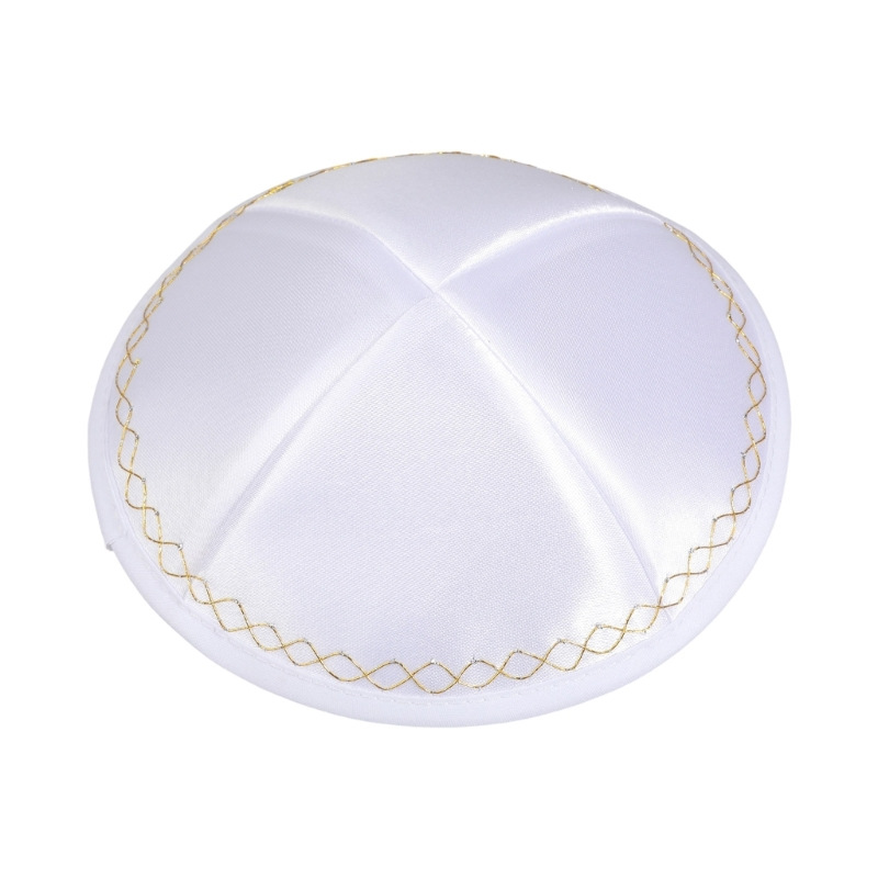Skull Cap Helmet Liner - หมวกคิปปาห์ผ้าซาตินสีขาวพร้อมขอบลอนสีทอง หมวกยาร์มุลเก้ คิปโปต สำหรับผู้ชาย หมวกคลุมศีรษะทางศาสนาสำหรับงานแต่งงาน บาร์มิตซ์วาห์
