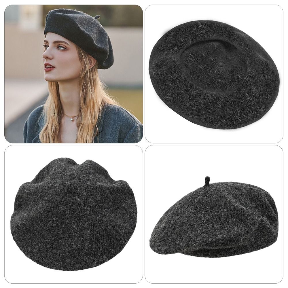 Beret French Wool - หมวกเบเร่ต์ขนสัตว์อุ่นๆ สำหรับฤดูใบไม้ร่วงและฤดูหนาว สีพื้นเรียบง่าย สไตล์เรโทร เข้าได้กับทุกชุด สวยสง่าแบบฝรั่งเศส