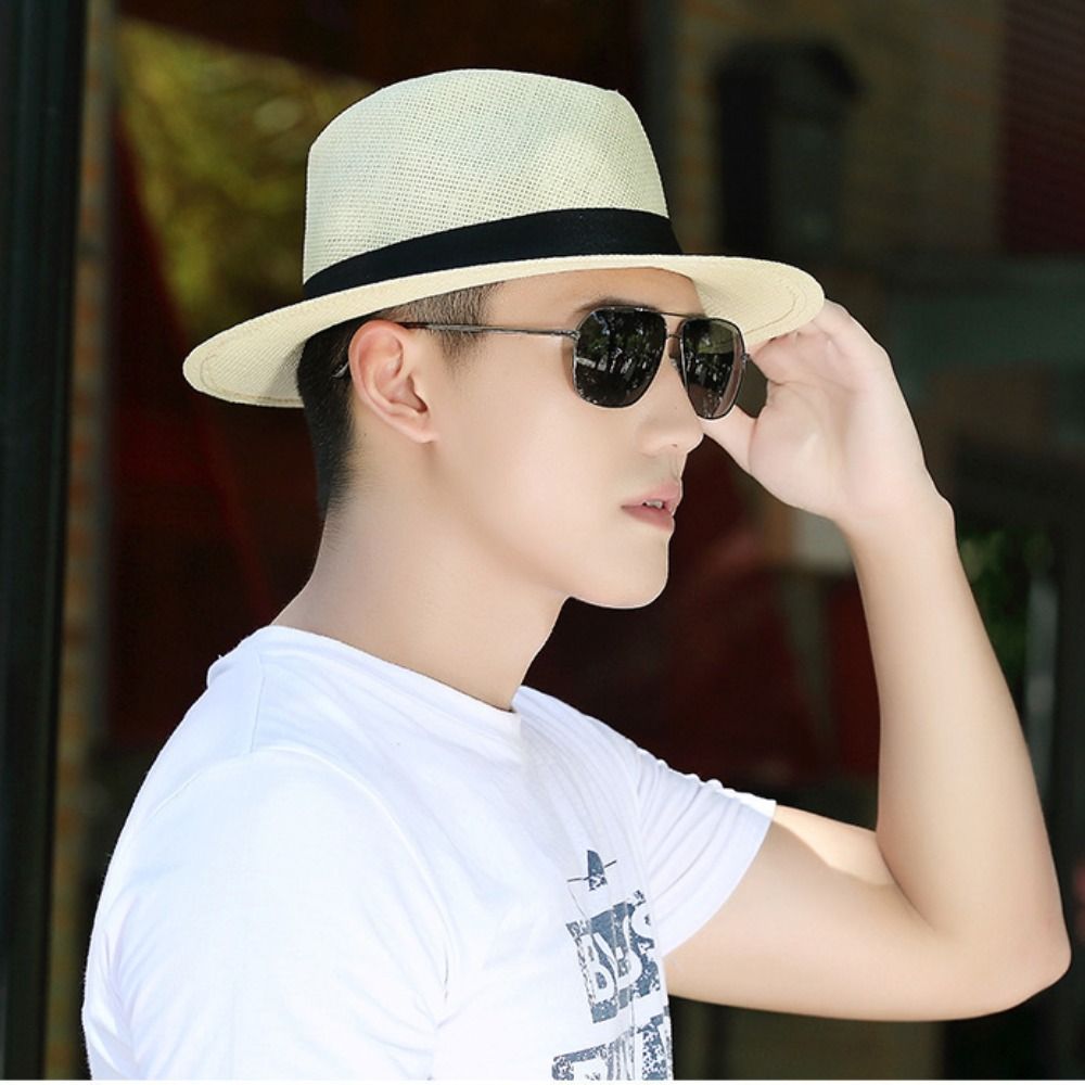 Cowboy Hat Straw - หมวกฟางผู้ชายสไตล์วินเทจ ป้องกันแสงแดด ปีกกว้าง ทรงคาวบอย แจ๊สแคป สไตล์ลำลอง