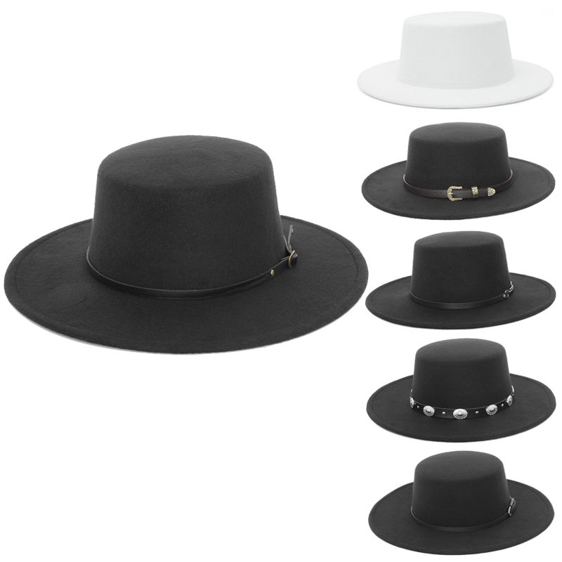 Fedora Hat Wool - หมวกเฟโดร่าปีกกว้างทรงหรูหราสำหรับผู้หญิงและผู้ชาย หมวกทรงแบนแบบโบต์เตอร์ พร้อมหัวเข็มขัด หมวกเฟโดร่าสำหรับใส่ไปโบสถ์ หมวกปานามา