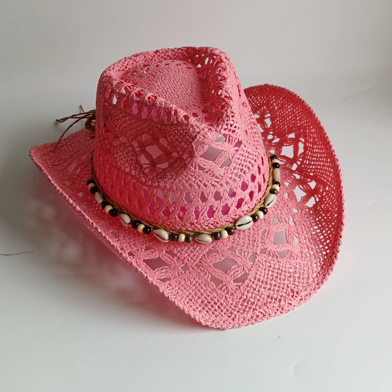 Cowboy Hat Straw - หมวกคาวบอยสีชมพู หมวกฟางคาวบอยทำมือแบบโปร่ง หมวกฟางสำหรับผู้ชายใส่เที่ยวฤดูร้อนกลางแจ้ง หมวกชายหาด หมวก unisex