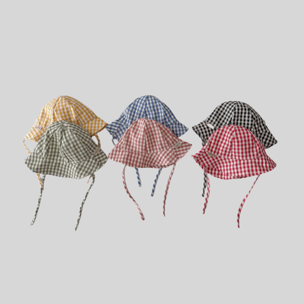 Sun Hat Wide Brim - Ins สไตล์ลายสก๊อตหมวกเด็กฤดูใบไม้ผลิฤดูร้อนบางกว้าง Brim หมวกป้องกันแสงแดดพร้อมสายรัดปรับระดับได้ทารกเด็กวัยหัดเดินหมวกเด็ก