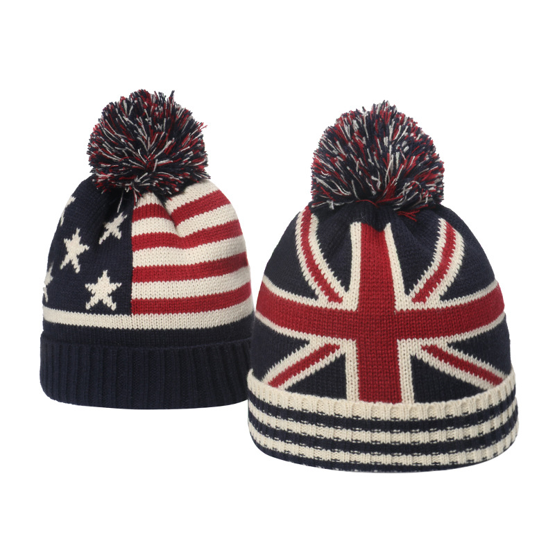 Beanie Cuffed Knit - หมวกบีนนี่ไหมพรมแบบพับได้สำหรับฤดูหนาว ลายธงชาติอังกฤษและอเมริกา เหมาะสำหรับผู้ชาย ผู้หญิง เด็กชาย เด็กหญิง