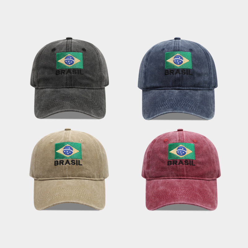 Dad Hat Cotton - หมวกเบสบอลผ้าฝ้ายปักลายธงชาติบราซิลแบบวินเทจ ปรับขนาดได้ ปีกโค้ง ทรง Dad Hat