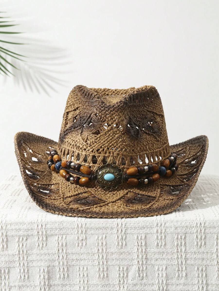 หมวกคาวบอยปีกกว้างพิมพ์ลาย ตกแ - Cowboy Hat Straw บทวิจารณ์และราคา